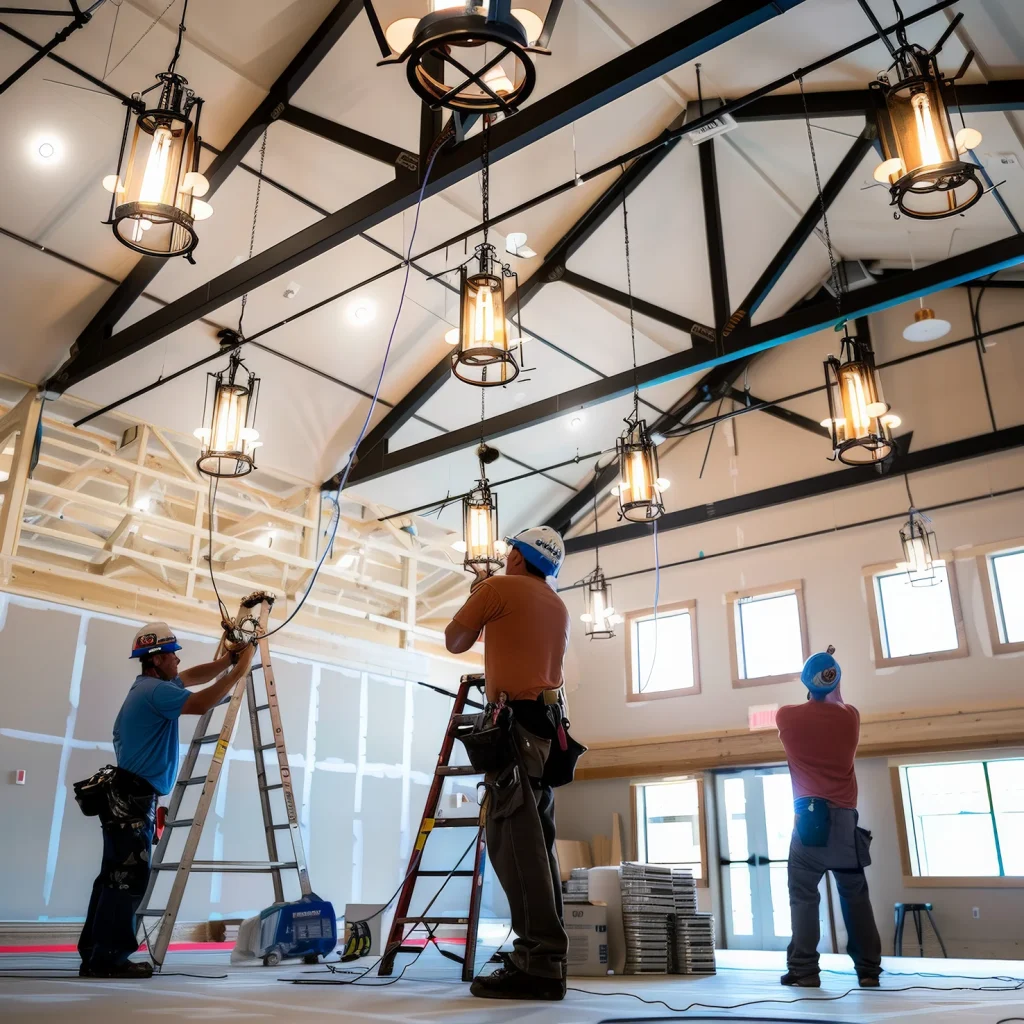 team skilled electricians working installing lighting fixtures inside modern commercial building with high ceilings